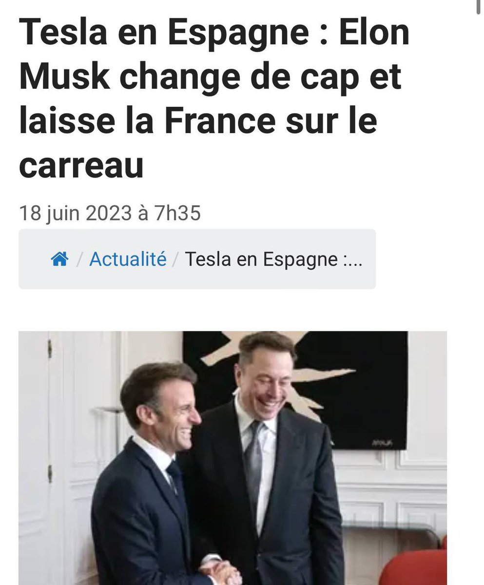 tournure inattendue des événements, Elon Musk détourne son regard de la France et jette l'ancre en Espagne pour l'expansion européenne de Tesla. Cela survient après des tensions entre Musk et le gouvernement français concernant la régulation de Twitter. Merci Mr Thierry Breton !!