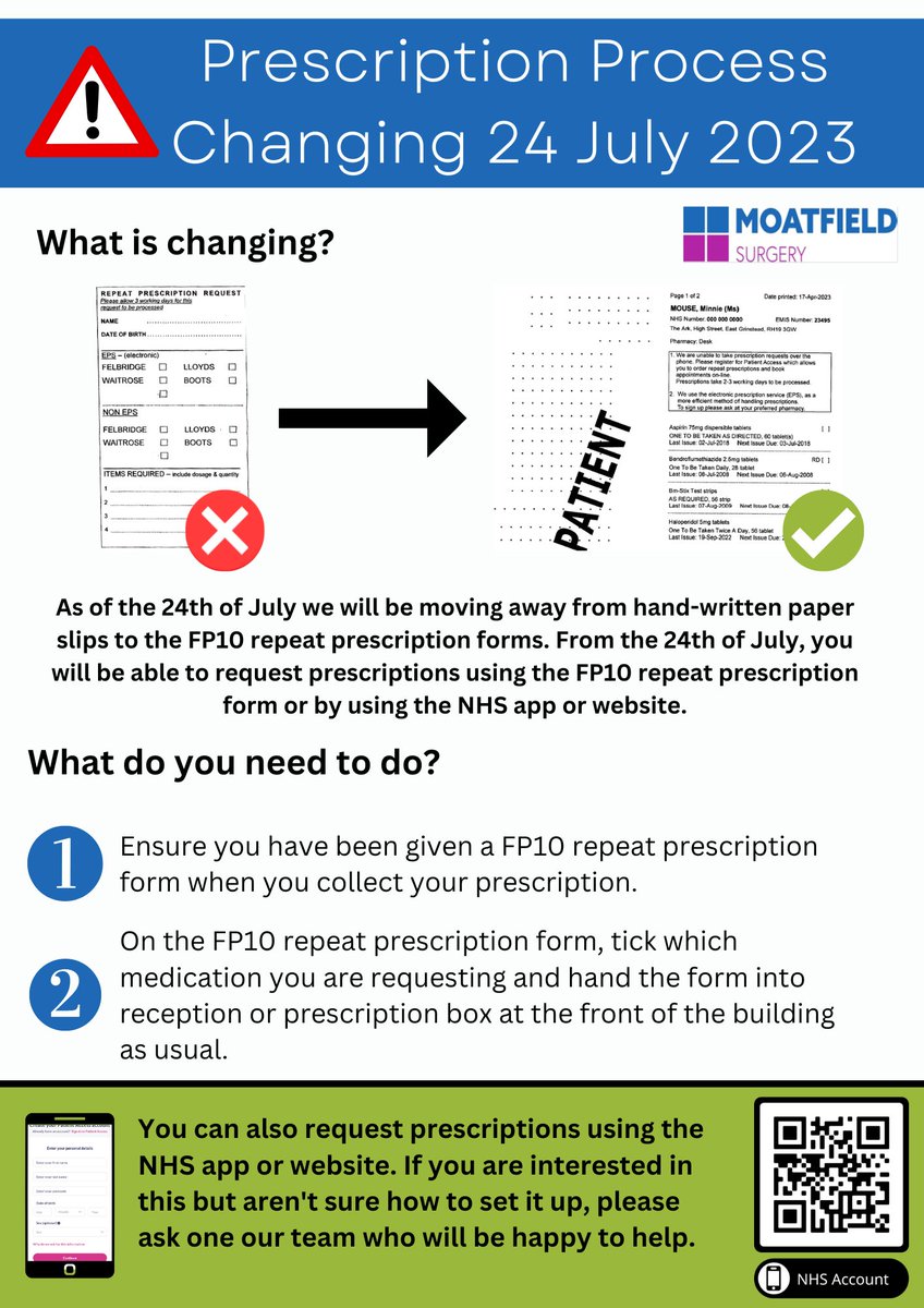 Our Prescription Process will be changing from 24th July, from this date, we will no longer accept handwritten paper slips. 
Patients can still request prescriptions using the FP10 repeat form they receive from the pharmacy when they collect their prescription or via the #NHSApp