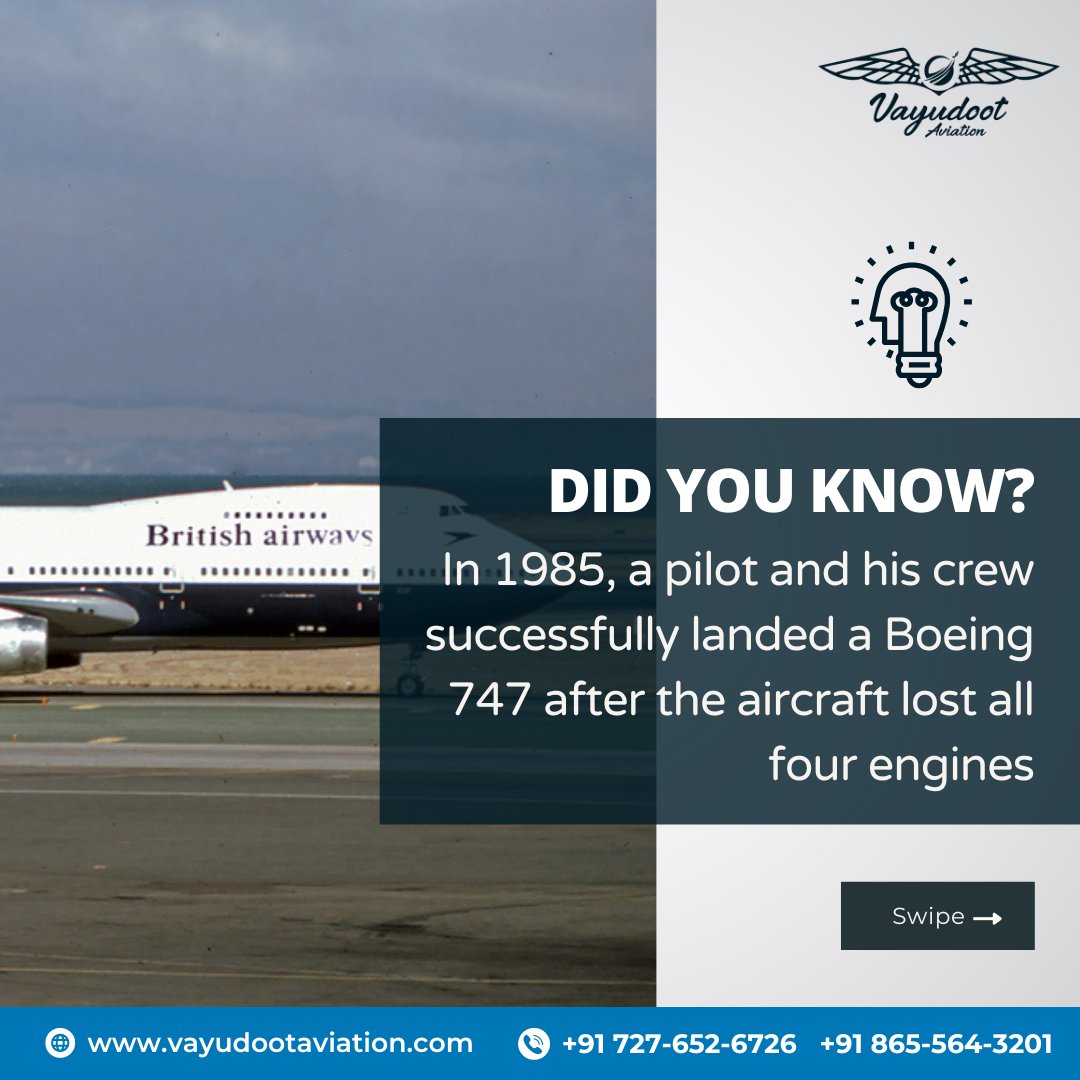 WeAreVayudoot's tweet photo. Did you know? In 1985, a pilot and his crew performed an amazing feat of skill and cooperation by landing a Boeing 747 despite having lost all four engines! Talk about Defying the Odds and flying through difficulties. ✈
#Vayudootaviation #pilot #Boeing747 #didyouknow #planefacts https://t.co/6dW4uaY8XO