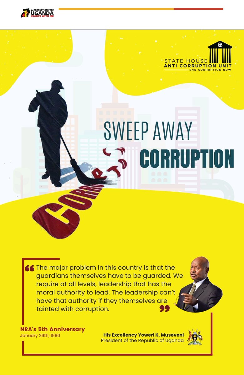 A corruption free #Uganda starts with us all, if you #SeeSomethingSaySomething please, report any reasonable suspicion of fraud and corruption to @AntiGraft_SH through:

Call: 0800202500
WhatsApp/SMS: 0778202500
Email: info@reportcorruption.go.ug

#ExposeTheCorrupt

👍🇺🇬👍