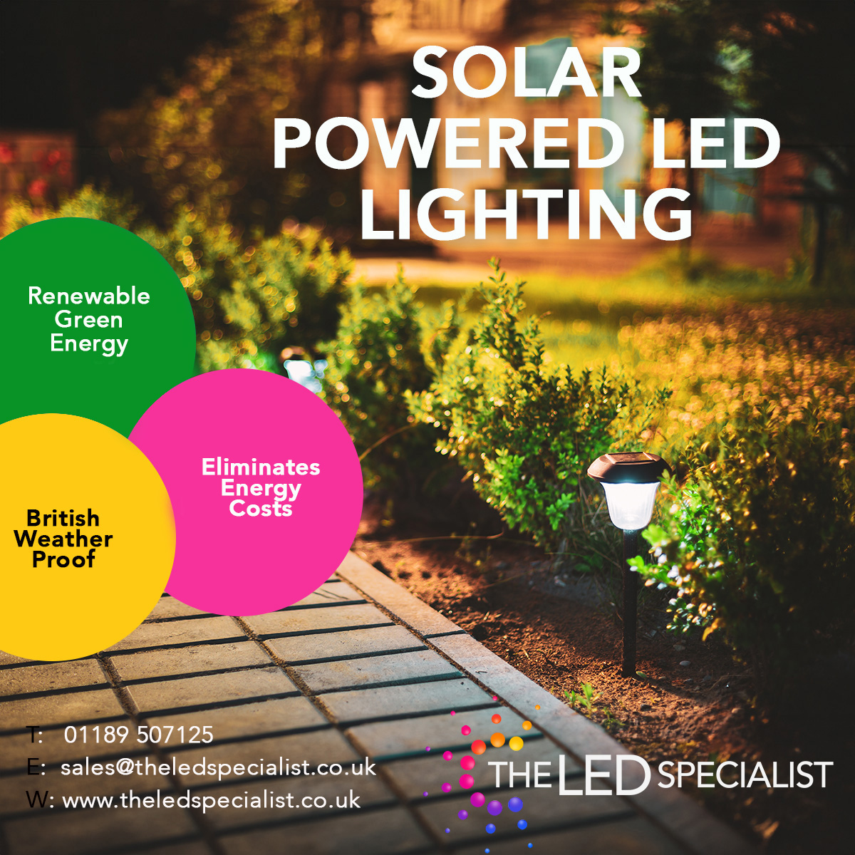 Solar Powered LED lighting can save you money as it eliminates energy costs, without sacrificing performance. A huge range of styles and designs is available at The LED Specialist to suit your needs, visit us today.