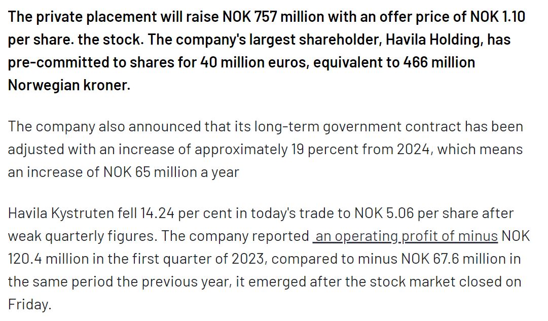 Havila Kystruten raises €65M through a private share issue, adjusts agreement with Norwegian authorities, and plans a €325M bond issue to refinance debt and finance final payment for Havila Polaris and Havila Pollux.