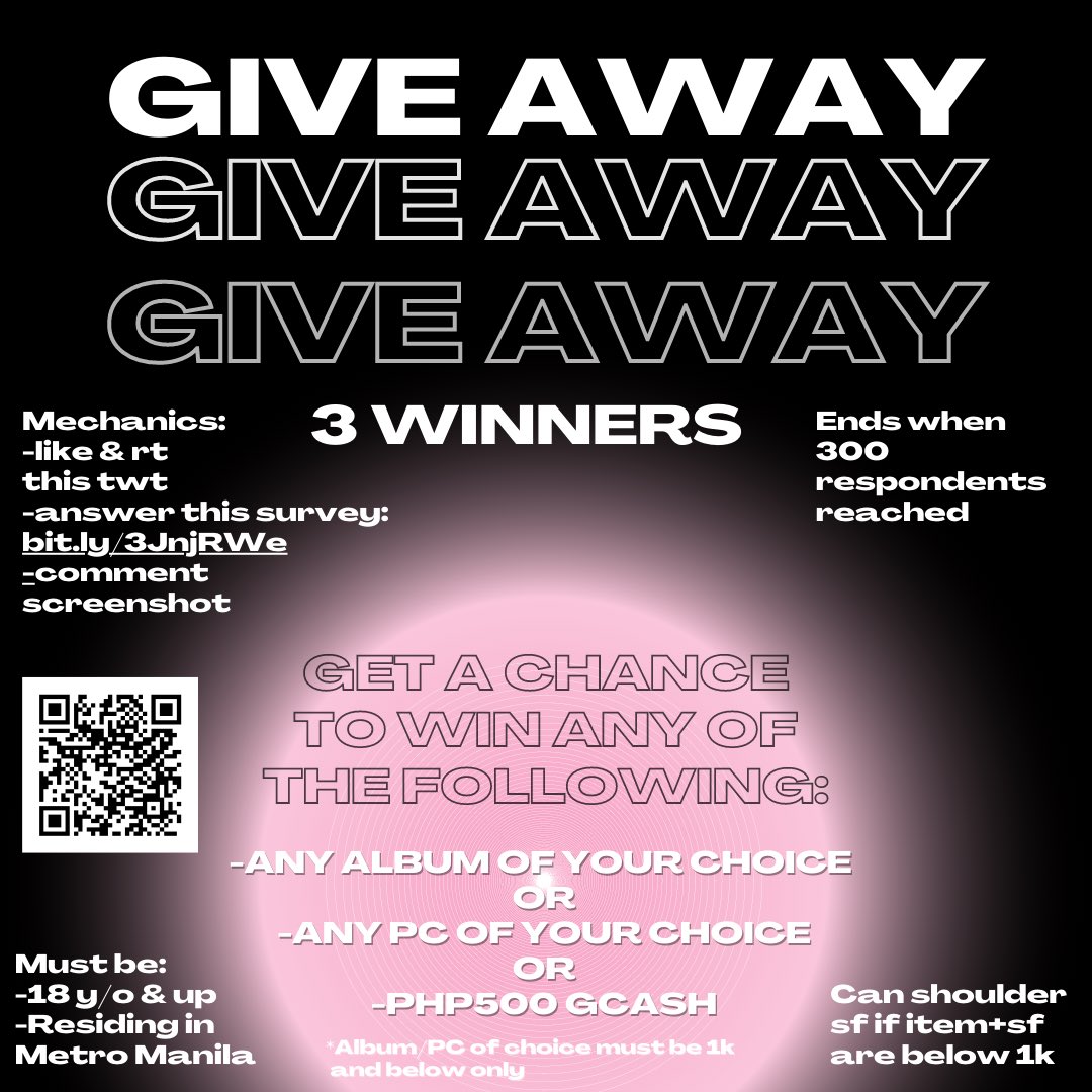 justgenne_'s tweet photo. ♥️GIVEAWAY: 3 WINNERS (Random)♥️

Prize:
- Any album/pc of choice; or
- PHP500 GCASH

Ends when 300 respondents reached

Mechanics:
- Like &amp; RT
- Answer our survey: https://t.co/6zG26psItZ
- Comment screenshot
- PH Only

Must be:
- 18 y/o &amp; above
- Lives in NCR

#giveaway #kpop https://t.co/F9nGvRODCZ