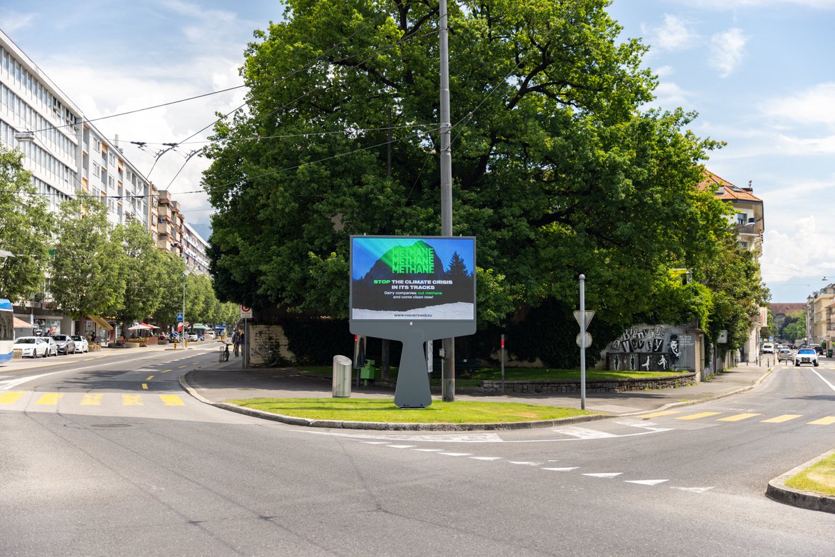 2 months ago, we projected a key message onto @Nestle's HQ 

Sadly the message doesn’t seem to have got through, so we put it up on billboards in its hometown Vevey, Switzerland...

'Cut #methane  & come clean now'

Get it now?