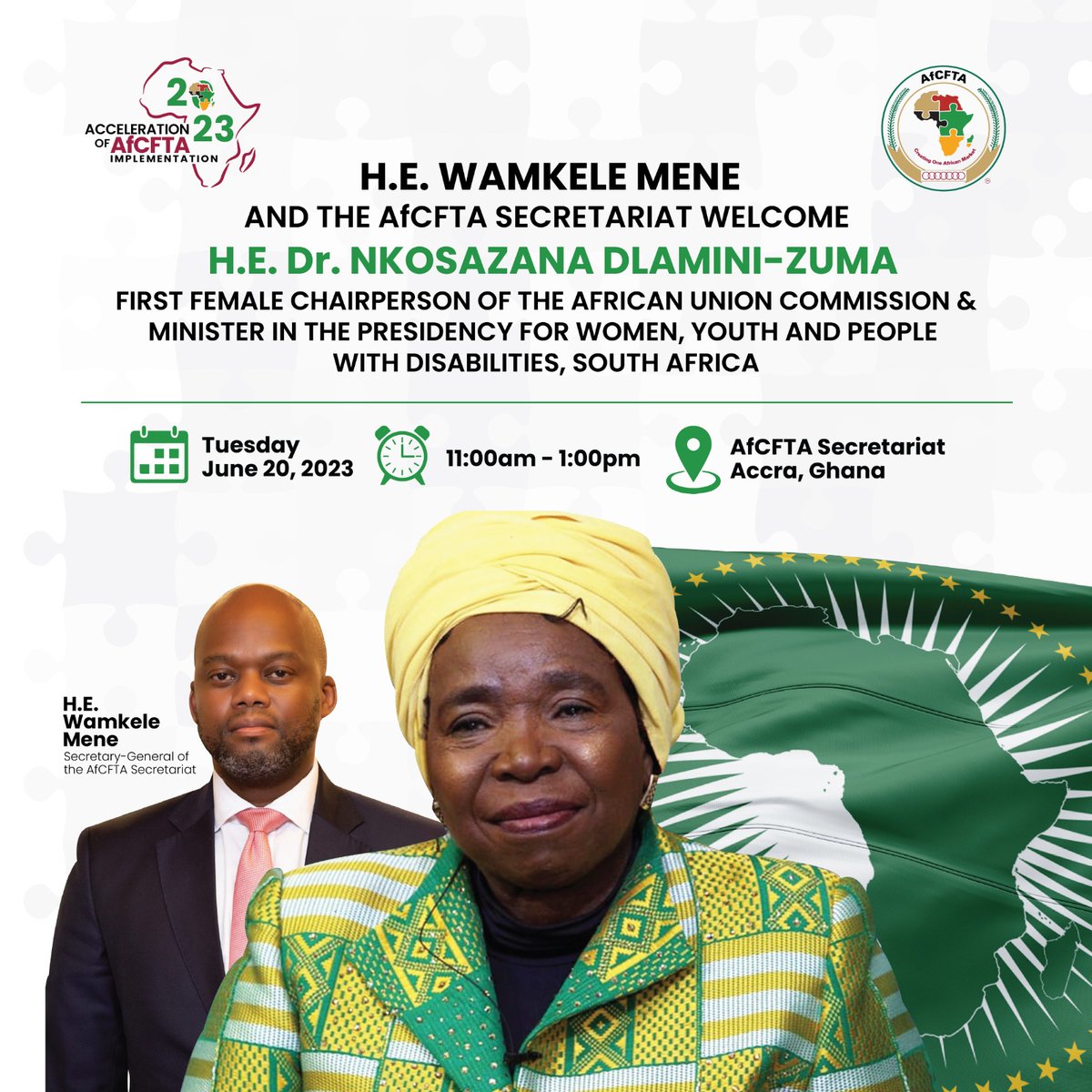 We have the singular honour to host H.E. <a href="/DlaminiZuma/">Dr Nkosazana Dlamini Zuma</a>, the first female Chairperson of the <a href="/_AfricanUnion/">African Union</a> Commission at the Secretariat today. 

During the tenure of H.E. Zuma, #Agenda2063, the blueprint and master plan for #Africa’s long-term #development of which the #AfCFTA is