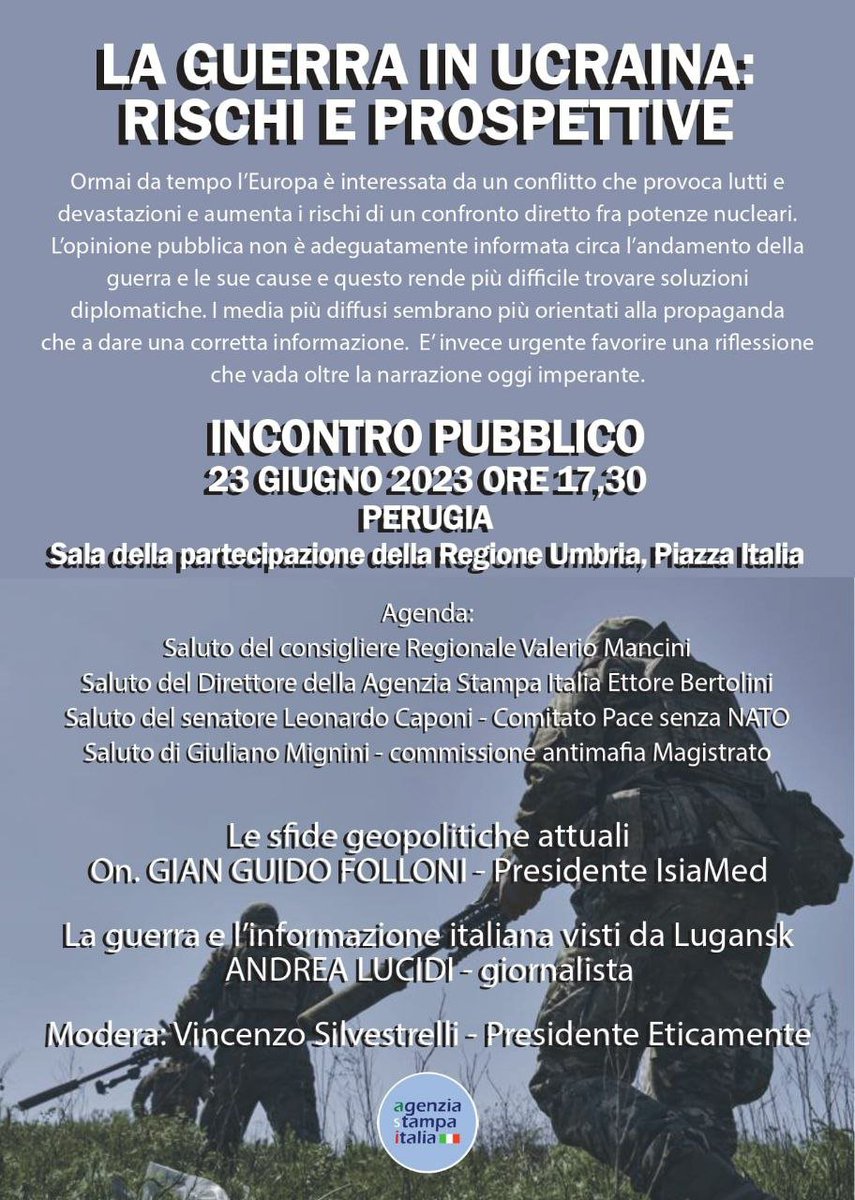 Incontro pubblico alla Regione Umbria

Il 23 giugno parteciperò all'incontro pubblico che si terrà a Perugia, nella sala della partecipazione della Regione Umbria, Piazza Italia.