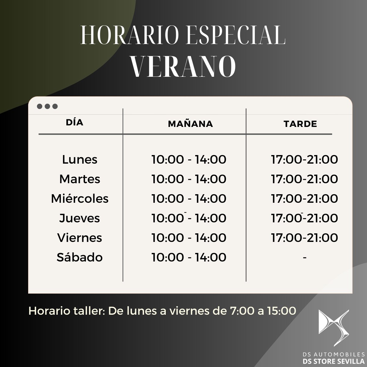 DSStore_Sevilla's tweet image. ¡Comenzamos con el horario de verano! ☀🏖
Os esperamos a todos en DS Store Sevilla - Concesionario Oficial DS en #Sevilla
#DSstore #DSsevilla #NuevoHorario #Verano #Summer #Horarioverano #DSautomobiles