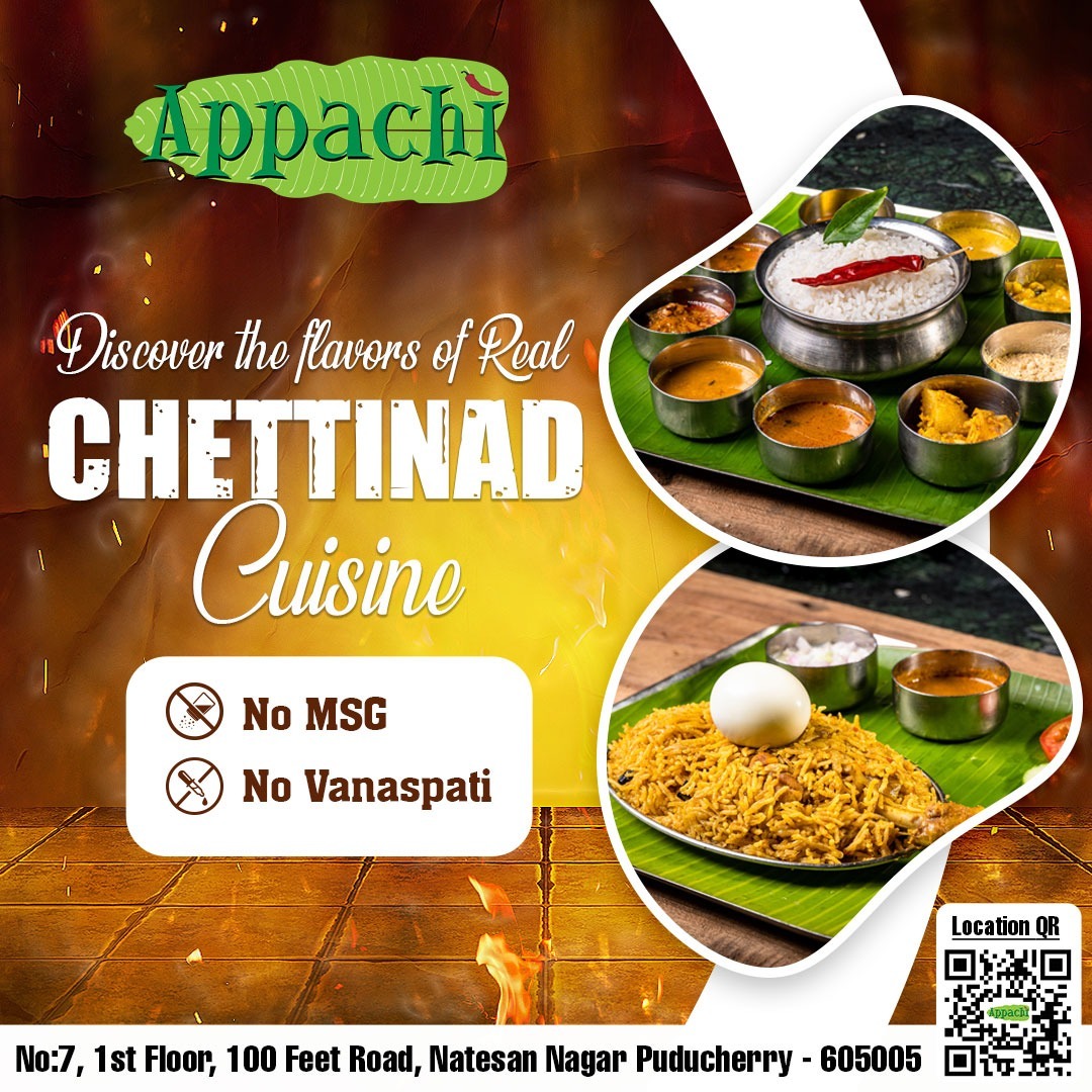 Experience the authentic flavors of Chettinad foods at Hotel Appachi.

Contact: +91 78689 27888
Follow us @appachipondy

#appachirestaurant #chettinadfood #realchettinad #southindianfood #chickenbiryani #chicken65 #chickenchukka #kadaimasala #chickenlover #nonvegstarters