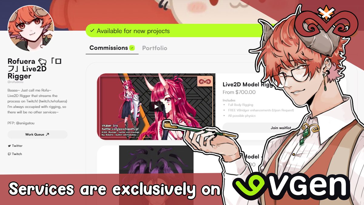 Hi, you can call me Rofu!
I'm a Live2D Rigger that streams the whole process on Twitch for 2 years now!
I've rigged 30+ Vtubers to date~

My commissions are moved exclusively to #VGen 
VGen: vgen.co/rofudesu
Twitch: twitch.tv/rofuera

#Live2DCommissions #Vtuber