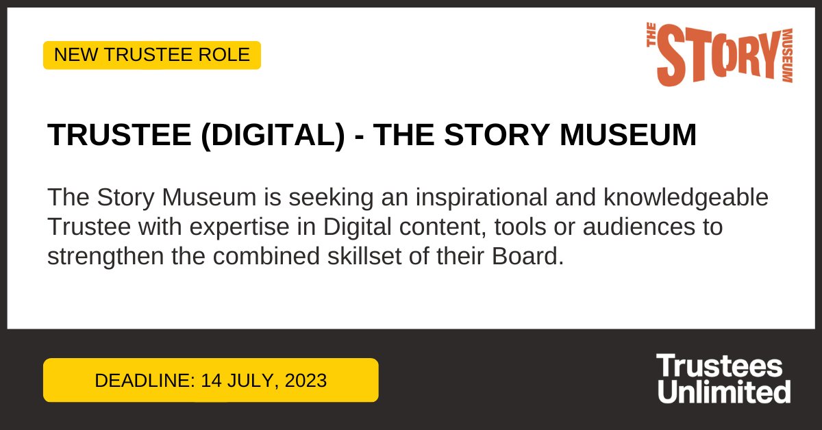 *** NEW TRUSTEE ROLE ***

@TheStoryMuseum is seeking a Trustee with expertise in Digital content, tools or audiences.

Deadline: 14 July

More info: ow.ly/oiyG50ORw20

#Leadership #Governance #CharityTrustee #TrusteeRole #Trustee #Charity #CharityRole #CharityJob