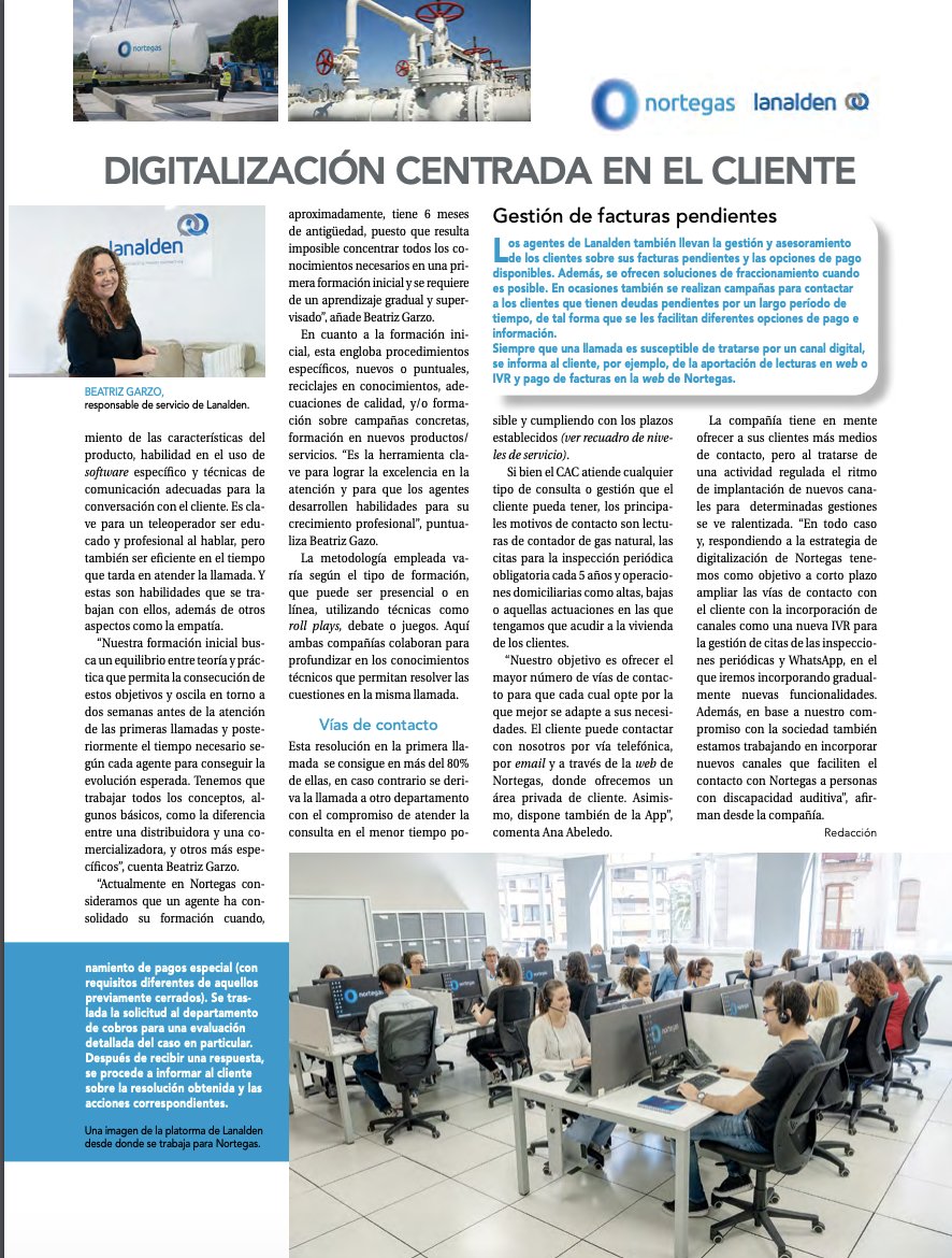 Lanalden (@lanalden) on Twitter photo El compromiso, la flexibilidad, la excelencia operacional y la atención personal son los pilares del servicio que ofrecemos a Nortegas.
Nuestro caso de éxito ya estÔ disponible en la nueva edición de <a href="/relacioncliente/">Relación Cliente Web</a> Magazine.
#CX #CustomerServices #clientes #empresas El compromiso, la flexibilidad, la excelencia operacional y la atención personal son los pilares del servicio que ofrecemos a Nortegas.
Nuestro caso de éxito ya estÔ disponible en la nueva edición de <a href="/relacioncliente/">Relación Cliente Web</a> Magazine.
#CX #CustomerServices #clientes #empresas