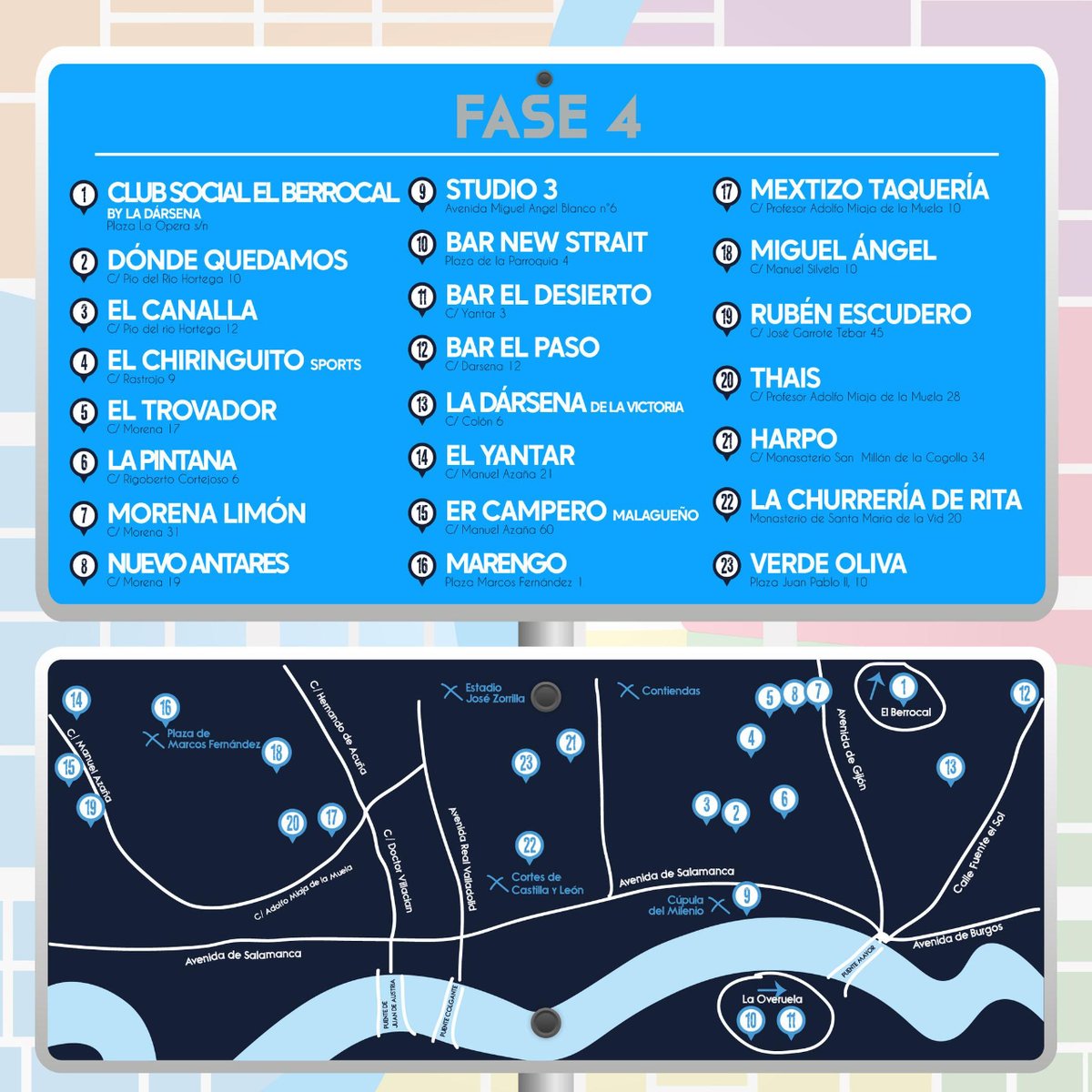 📣 La Fase 4 de la 2ª edición del #ValladolidTapasWalk ya está aquí con la participación de 23 bares y restaurantes de los barrios de Fuente Berrocal, Huerta del Rey, La Overuela, La Victoria, Parquesol y Villa del Prado

📆 Puedes probarlas hasta el 25 de junio