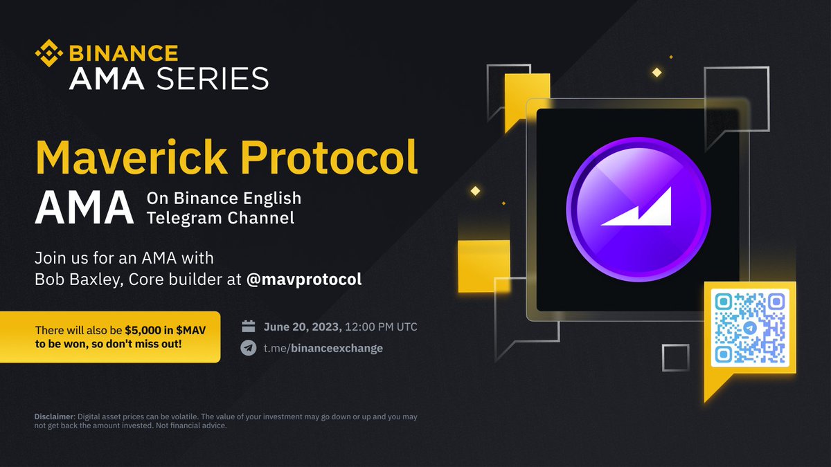 binance's tweet photo. Join us for an AMA in the Binance English Telegram channel with @Bob_Baxley, Core Builder at @mavprotocol.

🗓 June 20, 2023.  
⏰ 12:00pm UTC.   

There will be $5,000 in $MAV to be won, so don't miss out!  

➡️ https://t.co/xYcqyDFl27 https://t.co/Ei5aWviIlK