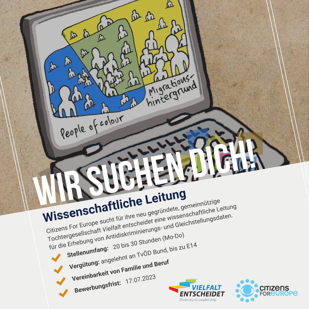 Vielfalt_Ent's tweet photo. @opencitizenship 
Citizens For Europe sucht eine wissenschaftliche Leitung für die Erhebung von Antidiskriminierungs- und Gleichstellungsdaten.
Ausschreibung unter: 
https://t.co/cGkahWLyTh
Bewerbungen an: bewerbung@citizensforeurope.org https://t.co/bwXmFO1HEU