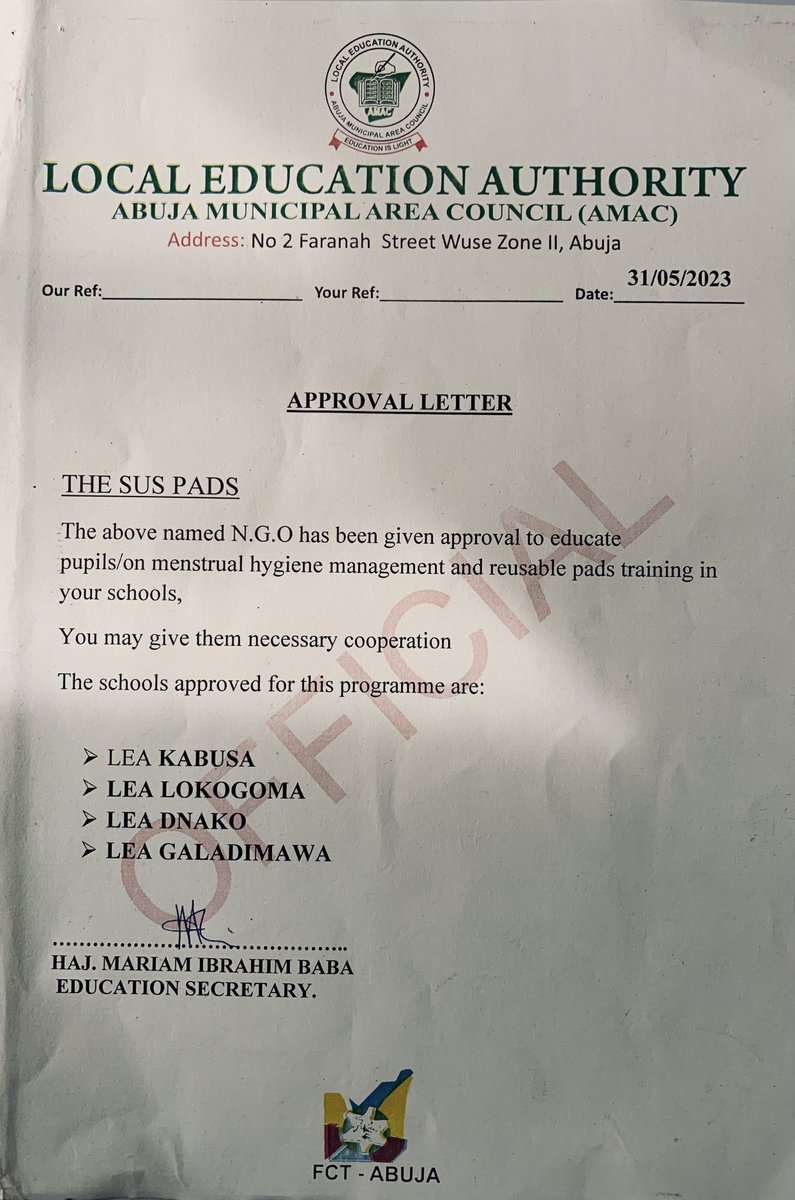 We are delighted to announce that the Local Education Authority (LEA) in Abuja has granted us consent to use four primary schools in the area for our advocacy programs and reusable pads workshops.  suspads.com/lea-grants-sus…
#MenstrualHealth #EmpoweringGirls #ReusablePads