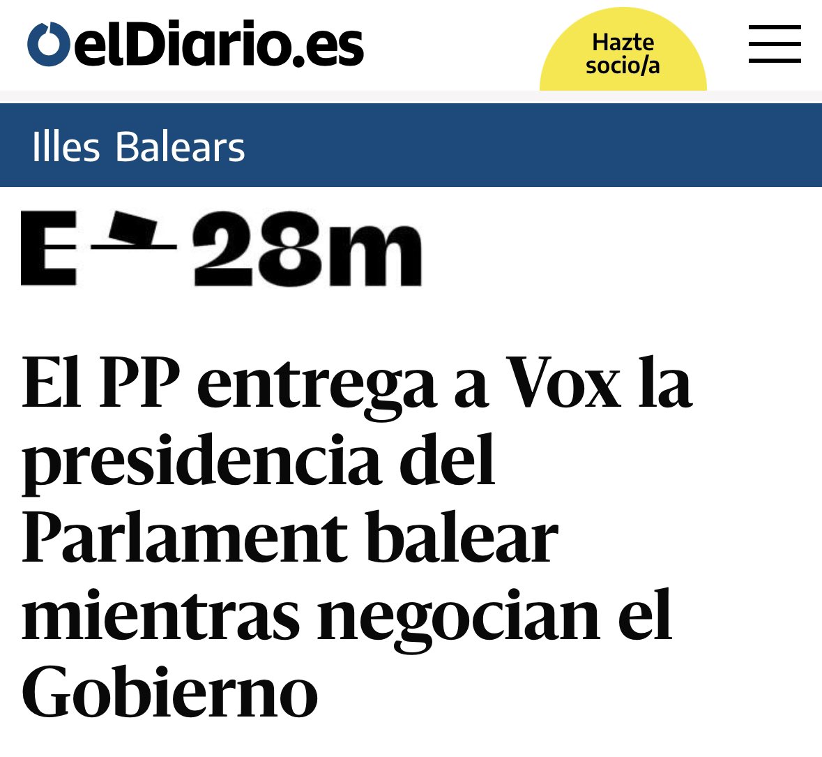 El PP entrega a la extrema derecha la presidencia del Parlament balear porque la democracia les importa muy poco. Es muy grave que una institución democrática esté presidida por quien trabaja para erosionarla. Es el símbolo del retroceso democrático.