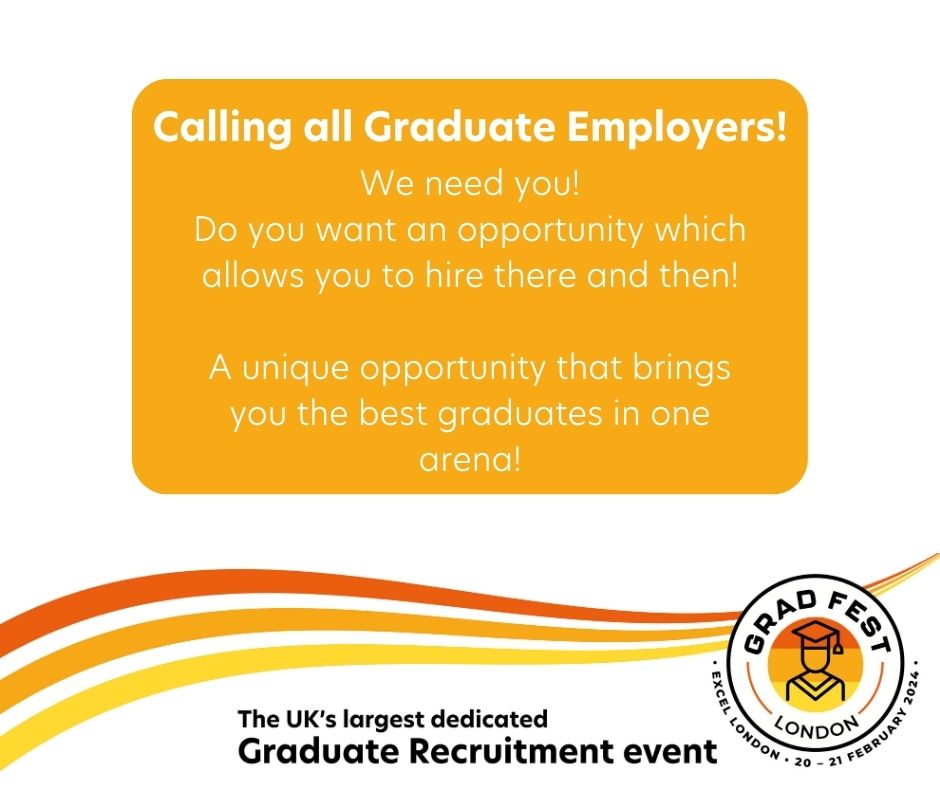 FestGrad's tweet image. Calling all Graduate Employers!

Want to be part of The UK's Largest Graduate Recruitment event? GradFest gives you the opportunity to interview and hire there and then!
Contact us today on 0203 858 7000 or email info@nasevents.co.uk
#Graduate #Employer #Recruitment