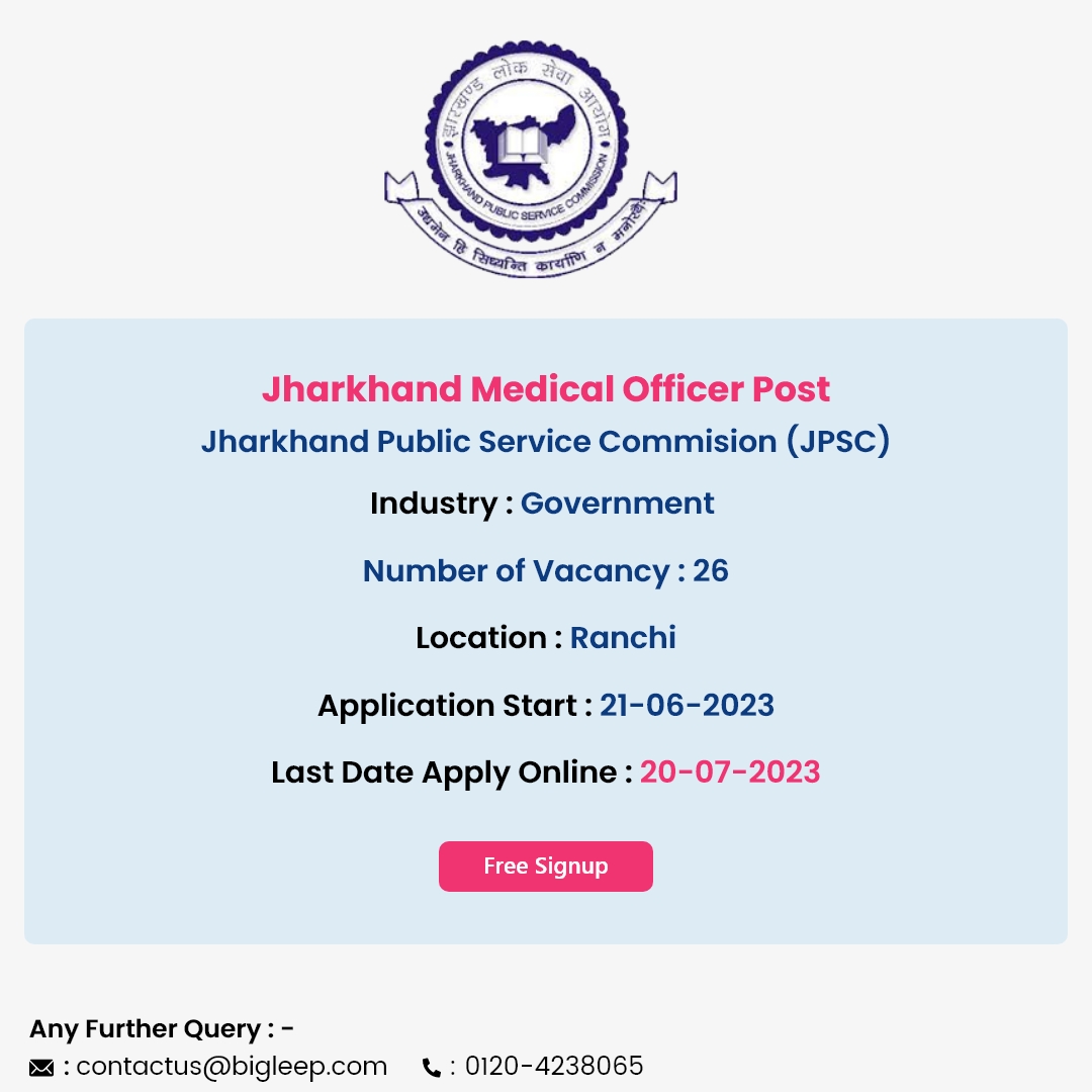 Jharkhand Medical Officer Post

Hiring Now : Jharkhand Public Service Commission 

Apply Now: bigleep.com/job-jharkhand-…

 #newjobs #freejobalert #freejobsalert #jobs2023 #government #jharkhandjobs #govtjobs #medicaljobs #officerjobs #JharkhandGovtJobs #MedicalOfficerJobs