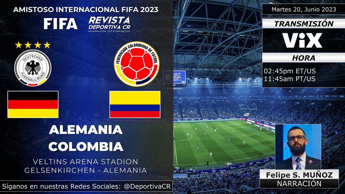 🏆 @fifacom_es #AmistosoInternacional 2023
🇩🇪 @DFB_Team v @FCFSeleccionCol 🇨🇴
🎙️ @fpesebastian 
💻📱 @VIX (🇺🇸)
⏰02:45pm ET 11:45am PT
🇨🇷 #DeportivaCR #GERCOL @UEFAcom_es #ViXStreaming