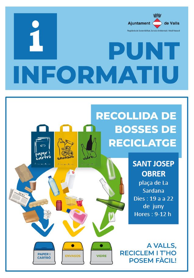 avvstjosepobrer's tweet image. ℹ️ PUNT INFORMATIU RECICLATGE

Des del dilluns 19 i fins dijous 22 l' @VallsAjuntament té un punt informatiu sobre el reciclatge a la Plaça de la Sardana 

Horari de 9 a 12 h

S'hi poden recollir bosses de reciclatge

Us animem a passar-hi‼️

A #Valls reciclem i t'ho posem fàcil