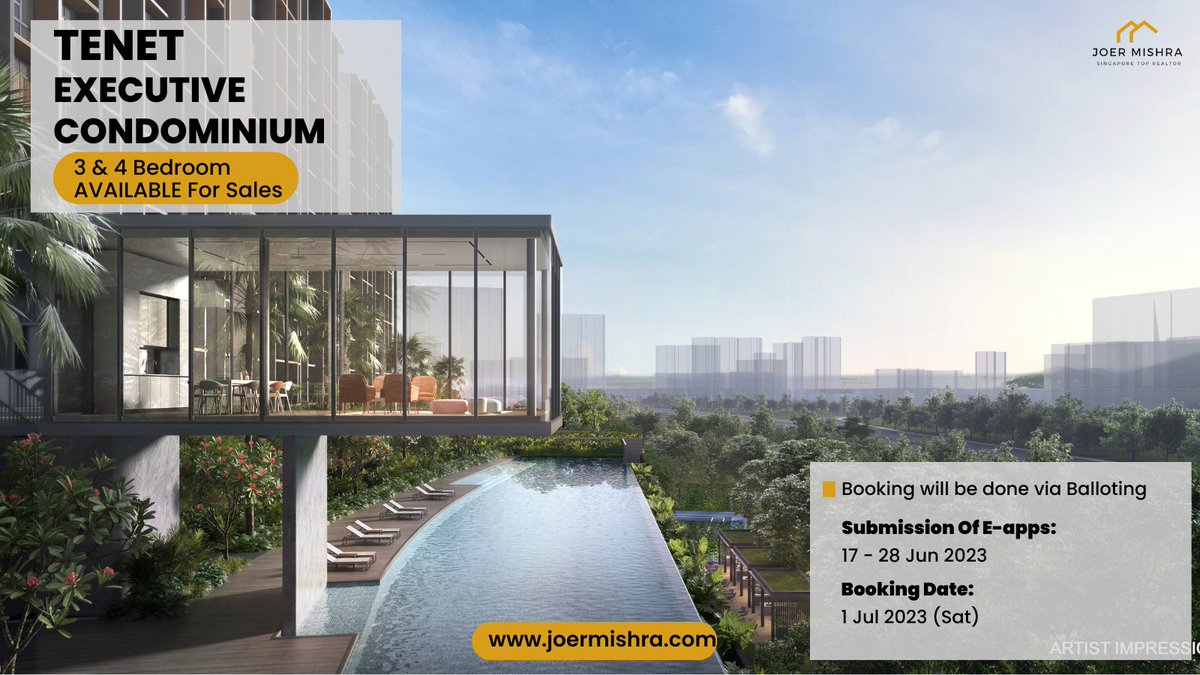 joer_mishra's tweet photo. 🟠 Tenet #ExecutiveCondominium🟢
📣 3 & 4 Bedroom AVAILABLE For Sales
⚠️ Booking will be done via Balloting.
Submission Of E-apps:
17 - 28 Jun 2023
Booking Date:
1 Jul 2023 (Sat)
Contact me here for more details:
Call: +6587786587
Email: erajoer@gmail.com
#RealEstate https://t.co/gt7IGedmZW