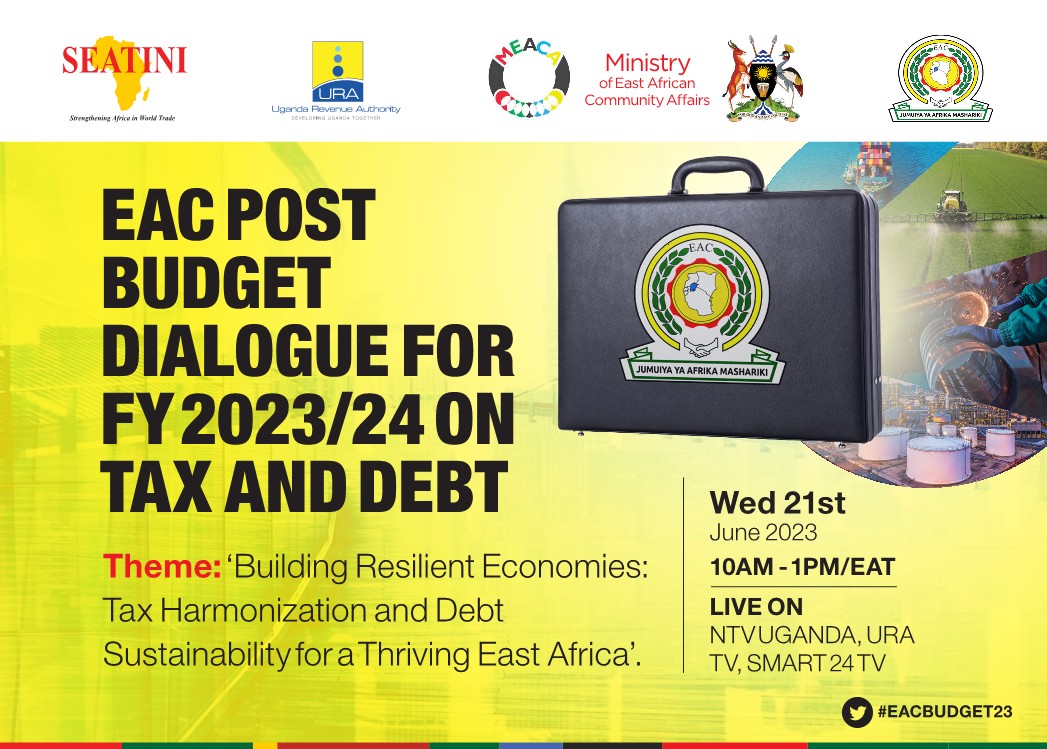 📢 Join us at the EAC Post Budget Dialogue on Tax &amp; Debt Under the theme Building Resilient 
Economies: Tax Harmonization &amp; Debt Sustainability for a Thriving East Africa
🗓️ 21.06.23
⏰ 10:00AM-01:00PM EAT
👉 Register: bit.ly/3NB4iNs
#SEATINIOnBudget23 #KnowYourBudget23