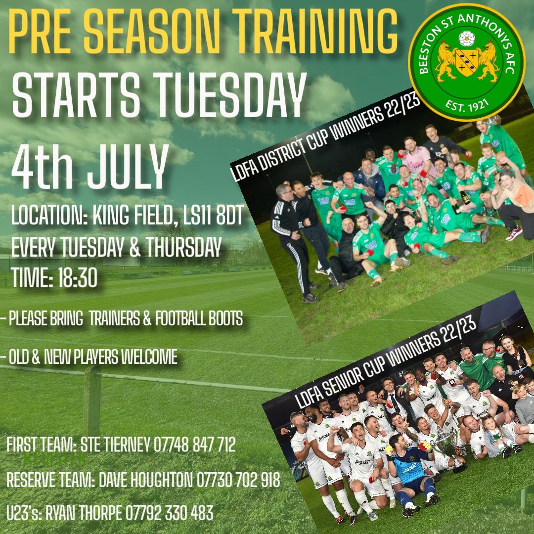PRE SEASON

Following last seasons success. The Saints are back in training from the 4th July. 

Players Old and New are encouraged to come down and be part of this amazing club. 

Please DM for more details or contact one of our management team. #BSA