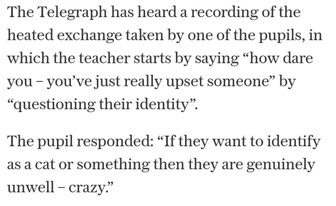 So once more for the people at the back. This story is fake news. There was no child who wanted to identify as a cat. The article itself admits it. The "cat" element was introduced by one of the two students winding up their teacher.