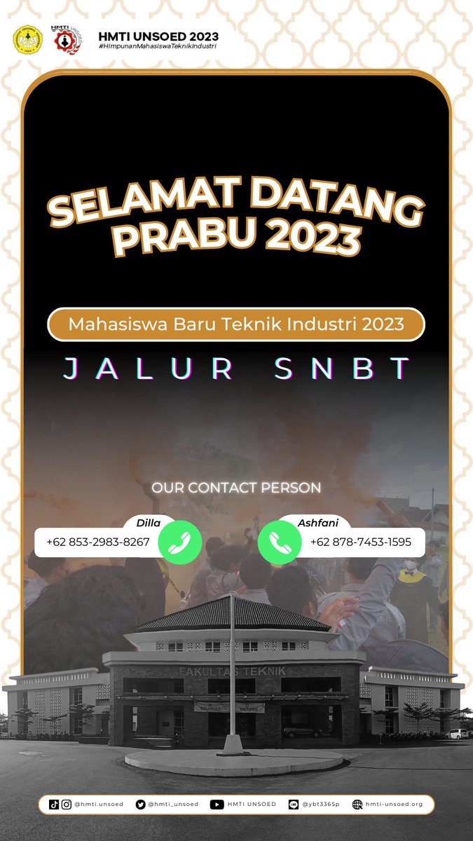 HMTI_Unsoed's tweet image. [SELAMAT DATANG MAHASISWA BARU TEKNIK INDUSTRI UNSOED 2023]

Selamat Datang, Prabu 👋🏻
Selamat bergabung dengan Keluarga Besar Mahasiswa Teknik Industri UNSOED.

—————
HMTI UNSOED 2023
—————
#SNBT
#KabinetReparasi
#SalamUnity
#JayaJayaKorsa
#HMTIUnsoed2023