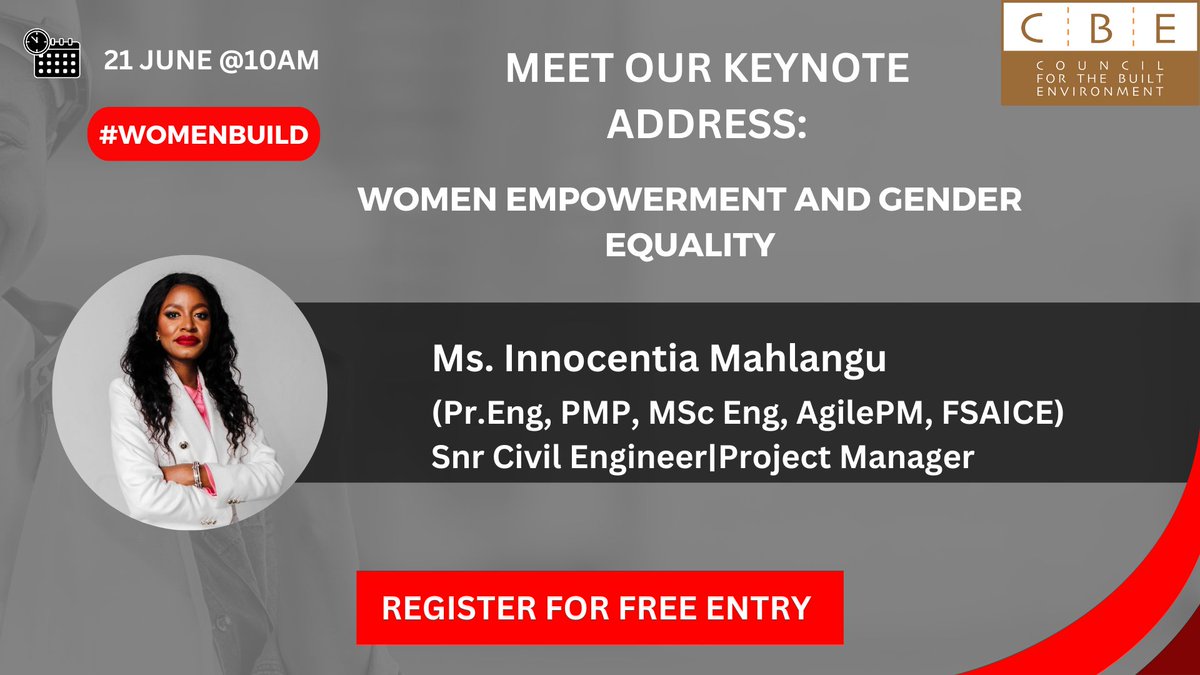 Join our webinar featuring keynote speaker Ms. Innocentia Mahlangu (Pr.Eng, PMP, MSc Eng, AgilePM, FSAICE). She's an award-winning Professional Project Manager & Senior Civil Engineer, renowned globally for her expertise. Register at bit.ly/3IP9pGP