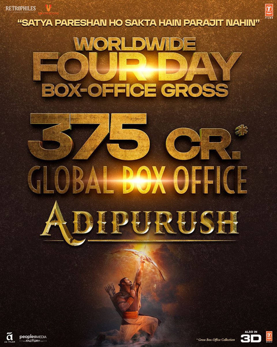 #Adipurush continues its roaring success at the box office! With a mind-blowing collection of 375 CR* and counting. Kudos to the entire team for this epic achievement! 🎉🔥 #AdipurushMania #BlockbusterAdipurush #Prabhas