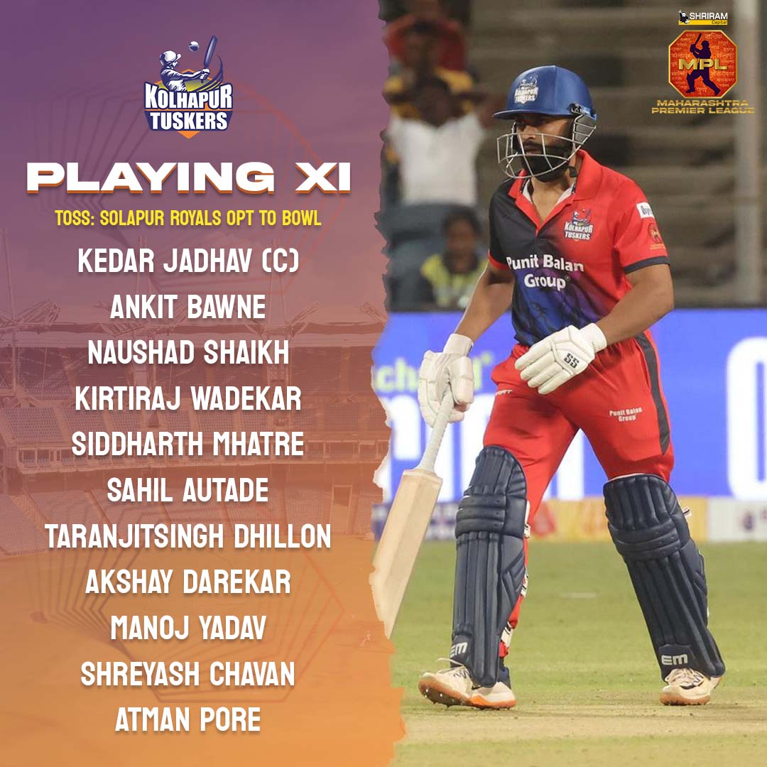 mpltournament's tweet photo. Here are your starting XI's for Solapur Royals vs Kolhapur Tuskers.
Both teams freshen up making 3 changes each.

#ShriramCapitalMPL2023 #ThisIsMahaCricket #solapurroyals #kolhapurtuskers #srvkt #mpl #mplt20 https://t.co/mw3dR6xdFQ