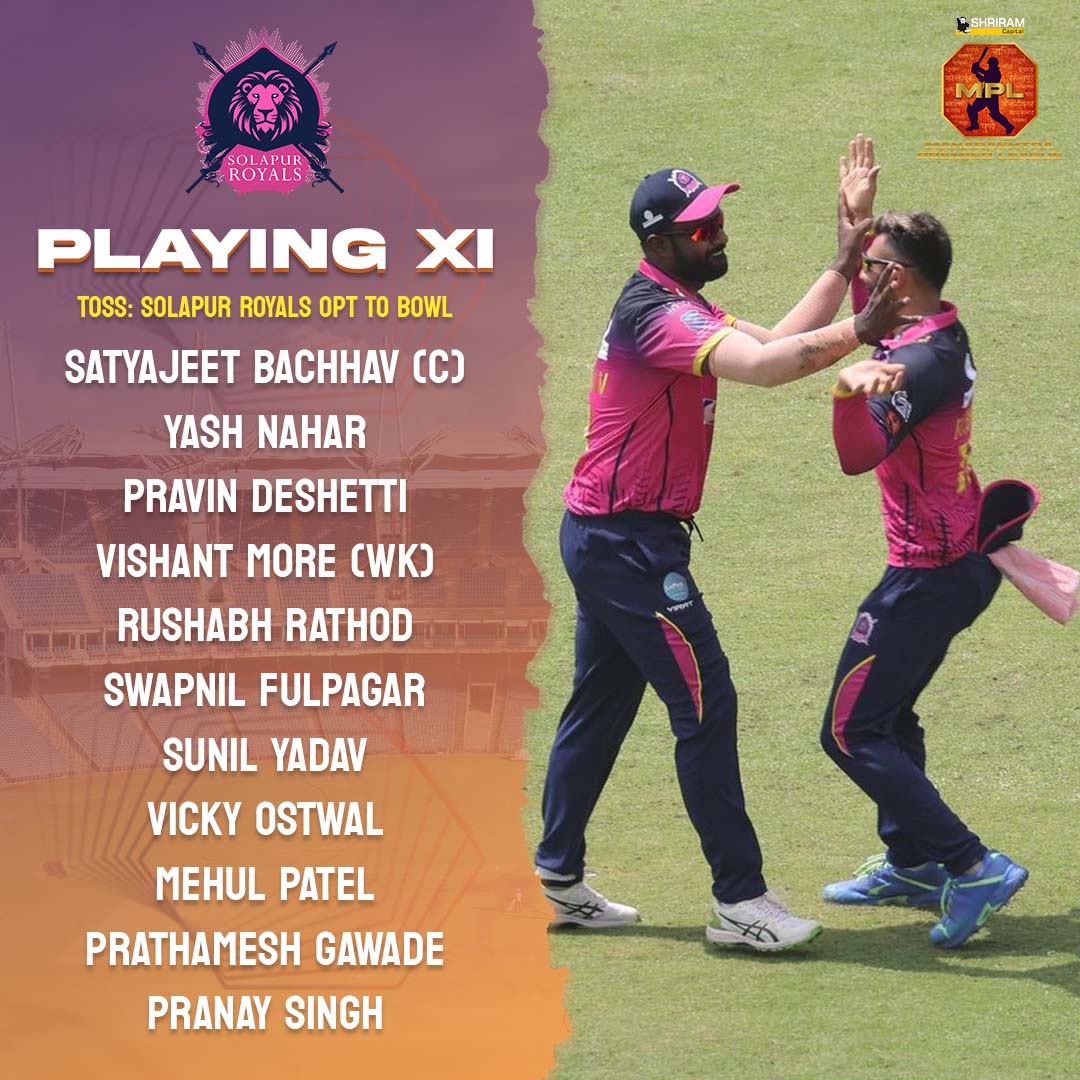 mpltournament's tweet photo. Here are your starting XI's for Solapur Royals vs Kolhapur Tuskers.
Both teams freshen up making 3 changes each.

#ShriramCapitalMPL2023 #ThisIsMahaCricket #solapurroyals #kolhapurtuskers #srvkt #mpl #mplt20 https://t.co/mw3dR6xdFQ