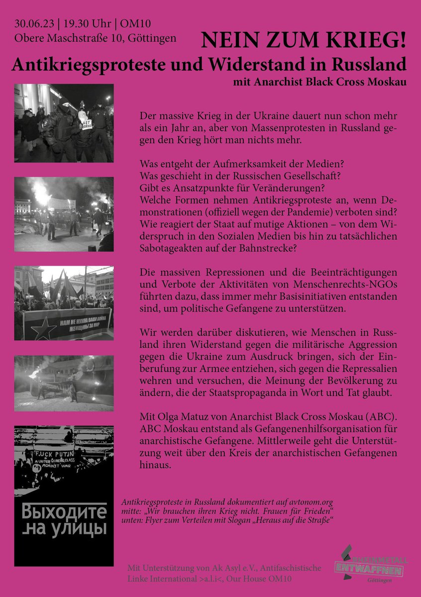 ali_goettingen's tweet photo. NEIN ZUM KRIEG!
Antikriegsproteste und Widerstand in Russland
Veranstaltung mit Anarchist Black Cross Moskau

30.06.23 | 19.30 Uhr | OM10
Obere Maschstraße 10, Göttingen

Mehr: https://t.co/z9hHK0vIw1 https://t.co/wdYcCd3MwG