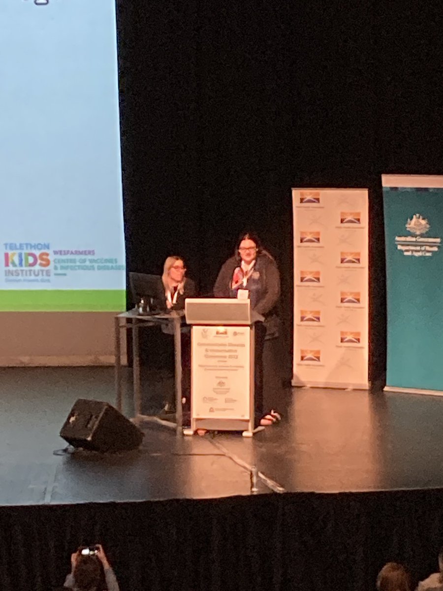 Carla Puca and Paige Wood-Kinney presenting perspectives on #Covid-19 #vaccination among Perth Aboriginal community members. These two bright sparks are part of our ID team at ⁦@WCVID⁩ ⁦@telethonkids⁩ under the mentorship of the lovely ⁦@samicarlson⁩