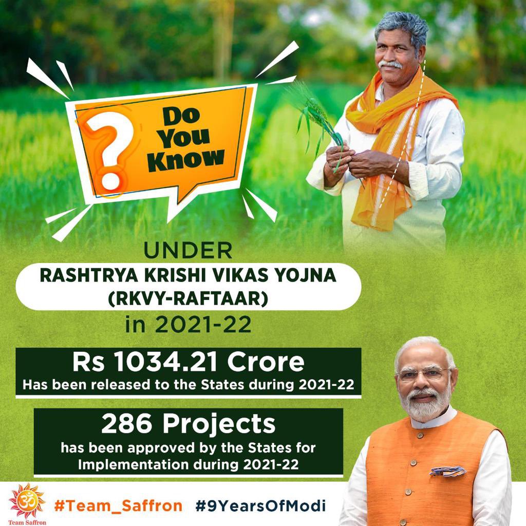 Transforming India under the leadership of Modiji...

RKVY provides funding up to ₹5 lakh. As stated earlier, states and the funding under RKVY- RAFTAAR in a 60:40 ratio, whereas the hilly areas will get funding in a 90:10 ratio.

#9yearsOfModi 
#Team_Saffron🚩