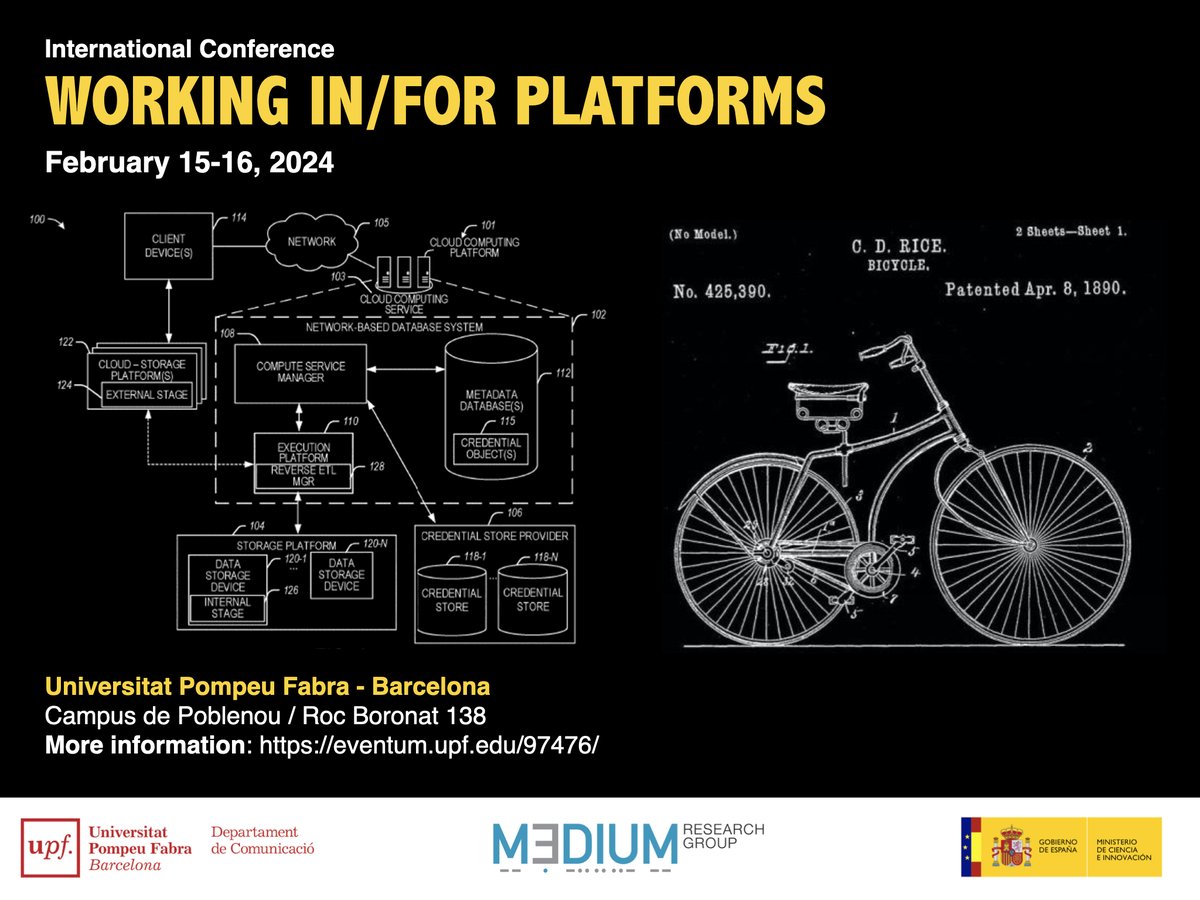 'Working in/for Platforms International Conference'
Where? Barcelona / When? February, 15-16, 2024 
CFP: September, 15, 2023 
+info buff.ly/40tpUi4 
Keywords #Gigeconomy #NewTaylorism #InformalLearning #Reputation #Data #Algorithms #Platformization buff.ly/40tpUi4
