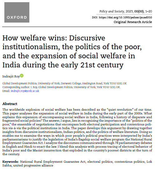 PolicySociety's tweet photo. 📢🆕Early View!

Linking discursive institutionalism, Indian politics, and the politics of welfare, @IndrajitRoyYork discusses the expansion of social welfare in 🇮🇳 👇

https://t.co/0z2uCgVEqt https://t.co/BHrBG7DkUX