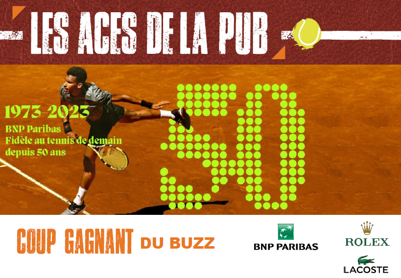 Les récompenses sont divisées en cinq catégories, appelées "coups gagnants" 🎾

🏅1er coup gagnant : le buzz, dans lequel on retrouve les sponsors :

<a href="/BNPParibas/">BNP Paribas Group</a> en première position, suivi de <a href="/Lacoste/">Lacoste</a> et <a href="/ROLEX/">ROLEX</a>, qui ont su faire parler d'eux lors du tournoi 📢