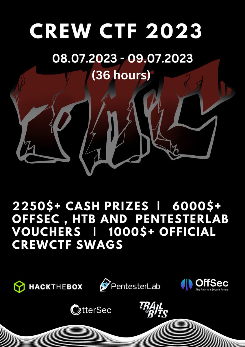 Thank you everyone for your patience!!  The NEW Date for the #CrewCTF2023  is july 8th 5 UTC to july 9th 17 UTC ( 36 hours ).  The prizes stay unchanged with event moving from 48 hours to 36 hours. Registrations will be opened soon and same will be announced on ctftime very soon