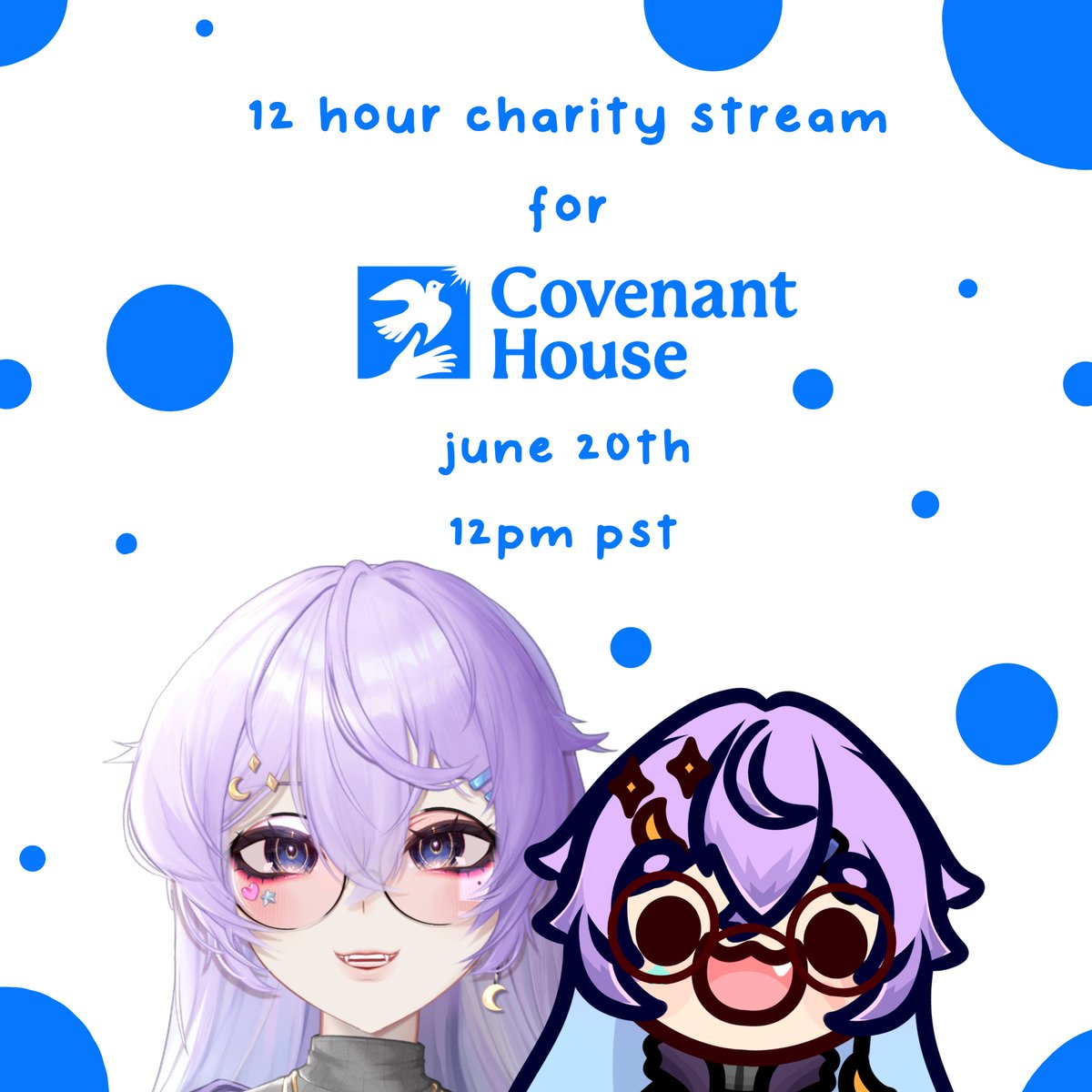 hello hello!!

on june 20th (today whoops) at 12pm pst, i will be doing a 12 hour long charity stream for <a href="/CovenantHouse/">Covenant House</a> !!
Covenant House is a non-profit organization in which they help out providing safe housing and hostile care for the youth

see y'all later today! 💜

#Vtuber