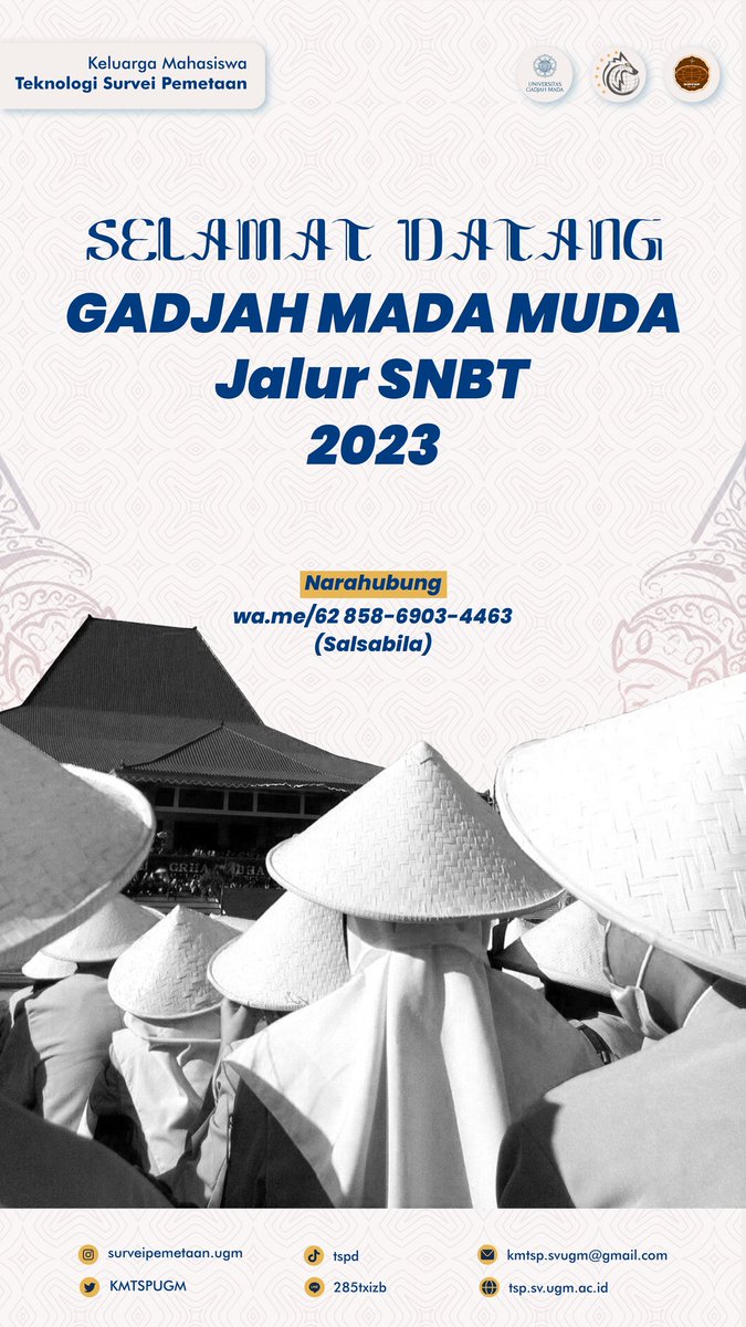 [SELAMAT DATANG] 
GAMADA Jalur SNBT 2023

Selamat berprogress, berproses, dan berprestasi.

__________
Kabinet Grantha Nawasena
KMTSP SV UGM 2023/2024