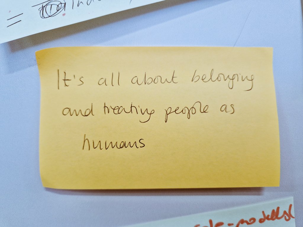 LalithWijedoru's tweet photo. At the @FestivalofWork Hackathon, the broad question asked was 'how do we help people #thrive in the #workplace?' SO many post-its reflected the need for a more #humanised workplace. How do I create #connection and a sense of #belonging? #Listen to and share #personalstories. https://t.co/Kzfent5dYl