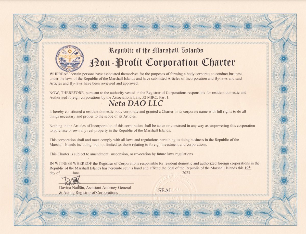 Neta_DAO's tweet photo. GM Neta DAO!

Our status as a nonprofit corporation has been finalized and our charter has been issued. 

This completes the process begun in Proposal 1 and continued in Proposal 2. 

Thanks to everyone for your help, patience, and enduring support. 🎉🥂 https://t.co/kdCQLq4bV6