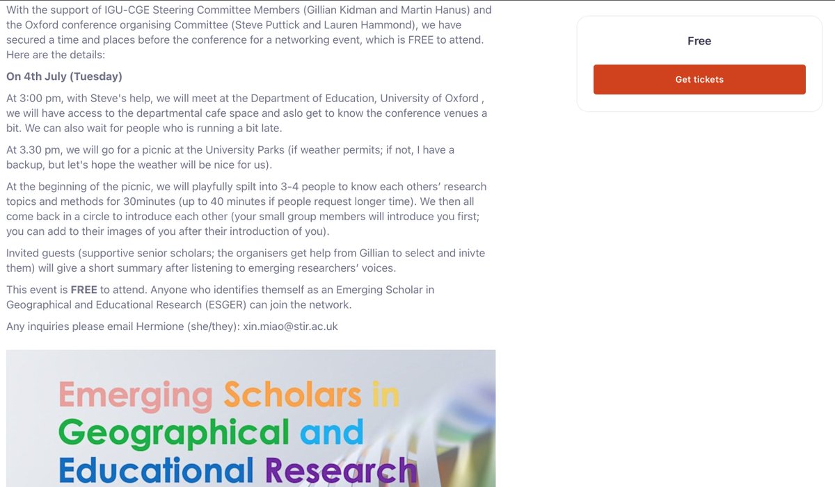 Anyone fancy knowing local and international ECRs specialising in #geography #education? Melissa (<a href="/melissa_hanke/">Melissa Hanke</a> ) and I will organise a FREE and OPEN-to-ALL picnic networking event

Time: from 3pm Tuesday 4th July
Place: Oxford University Parks
Join us:
…gforEmergingScholars.eventbrite.co.uk