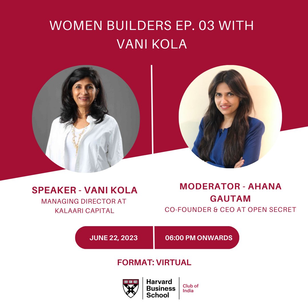 Join us for an interactive session with <a href="/VaniKola/">Vani Kola (vanik.eth)</a> to be Moderated by <a href="/GautamAhana/">Ahana Gautam</a>
Date &amp; Time: 22nd June, 6 pm - 7 pm IST
#HBSCI #hbsonline #HBSalumni #entrepreneurship #womeninbusiness