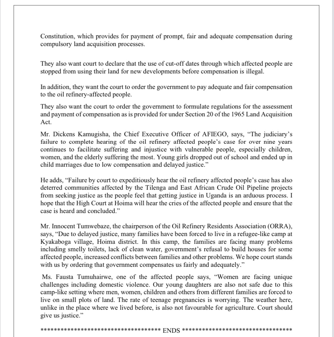 The Hoima High Court is expected to hear a court case that the oil refinery-affected people filed against <a href="/GovUganda/">Government of Uganda</a> with AFIEGO's support. The case has been in the court system for over 9 years. We hope hearing of the case will be concluded today. 
Read: afiego.org/download/press…