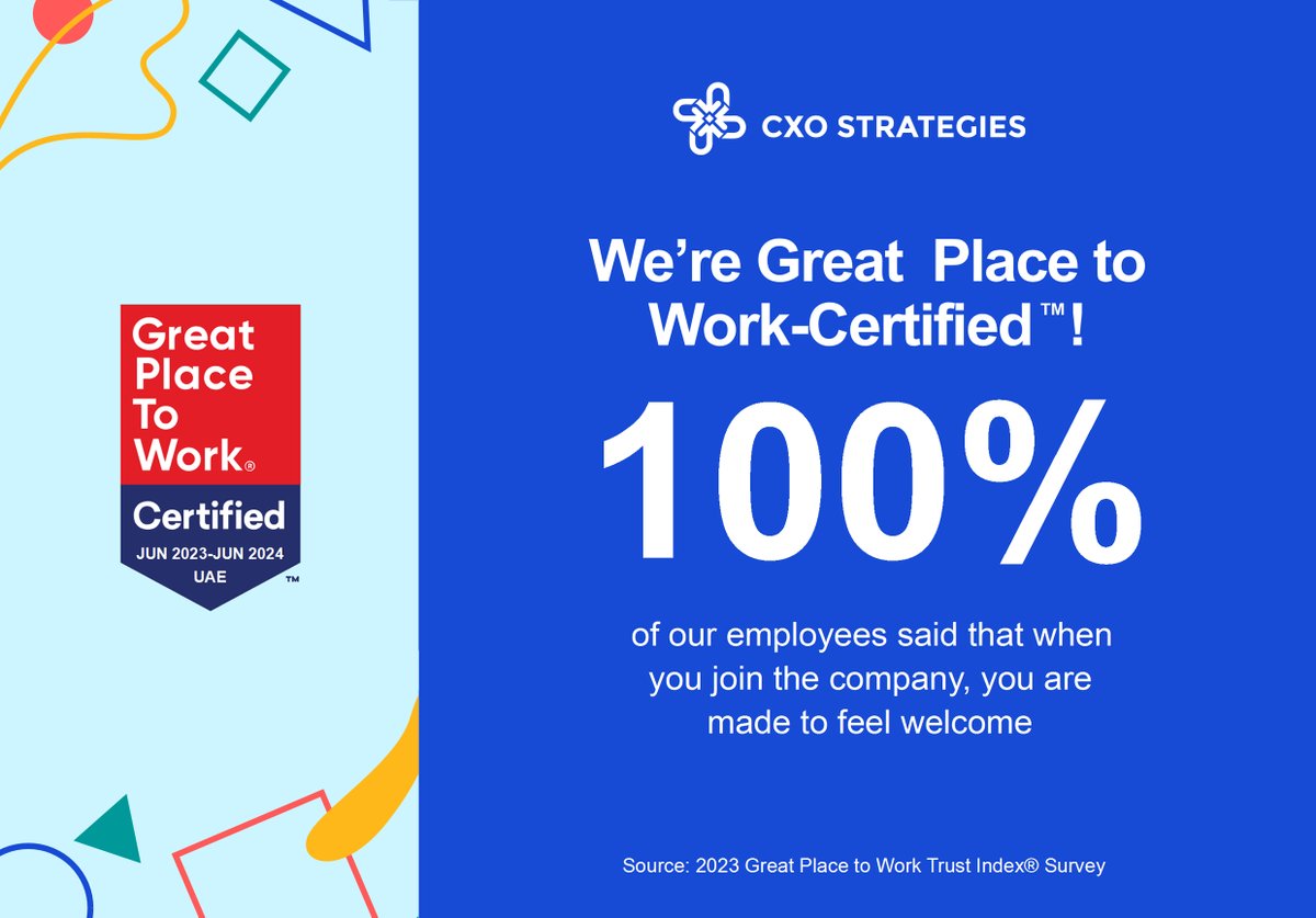 We are now certified <a href="/gptw_me/">Great Place To Work Middle East</a>!

At CXO Strategies, we take pride in building a high-functioning, self-managed team that thrives on a positive work culture.

Many thanks to all our hard-working employees for making this achievement possible!
#GreatPlaceToWork #EmployeeEngagement