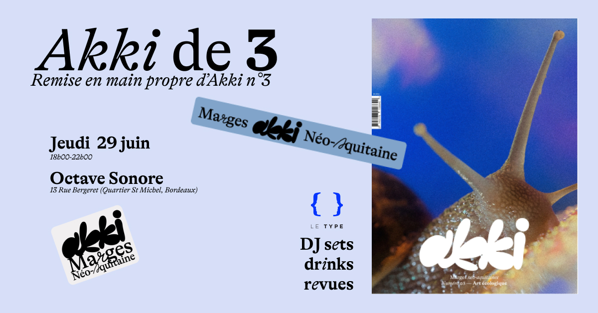 On a le plaisir de vous inviter au lancement du troisième numéro de notre revue papier 𝗔𝗸𝗸𝗶 le jeudi 29 juin. L’occasion de se retrouver chez @Octavesonore (quartier Saint-Michel) pour récupérer vos exemplaires et rencontrer notre équipe 💙
Infos : bit.ly/event_akkide3