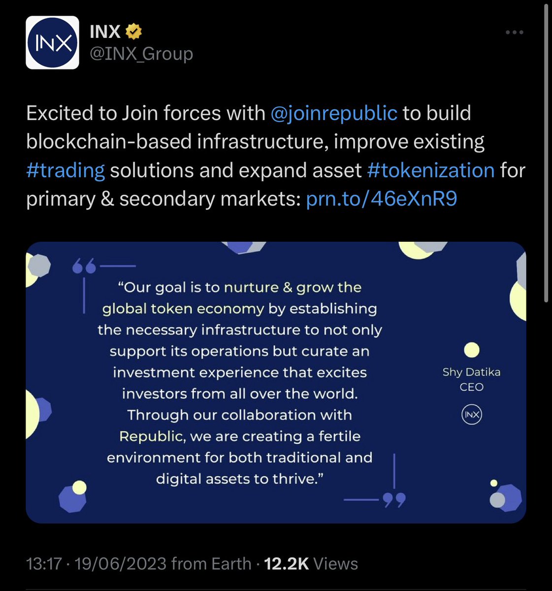 Hacky007's tweet photo. Republic and INX collaboration/strategic partnership/merger/buyout FAQ…

• INX is now the *only* venue in the US offering capital formation in a regulated environment utilising blockchain technology.
• This merger should bring INX an instant 3 million new customers.
• Will I lose my tokens? No… A change of control would result in a pro-rata payout of the cash fund, to all token holders. And the token would continue on with all of the same rights, including the profit share. Effectively all tokens holders would simply get a special dividend of $0.26 for every token they hold. And still keep their tokens.
• So I keep my 40% profit share token dividend? Yes… Profits of any subsidiary rolling up to INX go into the 40% profit share. So for example, if Republic brings primary raises from their pipeline to our INX Securities platform, and profits are generated there as a result, those profits are included in the 40%, on a cumulative basis. Similarly on the INX Digital side (crypto trading platform), profits there are also still included in the profit share. Any new business driven to INX’s issuance/trading platforms, as a result of this partnership, benefits the token holder’s profit share dividen.
• What if Republic stop using INX? They can’t, INX Securities broker-dealer is currently the only entity authorised to do the digital security issuance/trading, so digital security deals must be placed within that entity, which rolls into the profit share. This was the primary motivation for this deal even.
• What happens to INX if Republic squire INX? Well, INX will simply become Republic, and begin operating under that name.
• All token holders’ rights are preserved. INX has a legal contract with all its token holders.
• Will INX remain a public company if it becomes Republic? Likely no, INX would go private after the acquisition, as Republic is a private company.  This would effectively de-list the INX equity shares from public trading.  However, that does not effect the status of the INX token. The INX token will continue to trade on our ATS, and INX Limited will continue to be a publicly reporting company in the US.
• No one can ever take your INX tokens away from you, they are a registered security, they remain yours forever, or until you choose to sell them to someone else 👍🏻